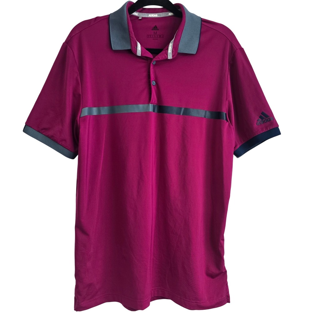 Adidas Mens Golf‎ Polo Shirt Magenta Pink Grey Stripe Short Sleeve Size M